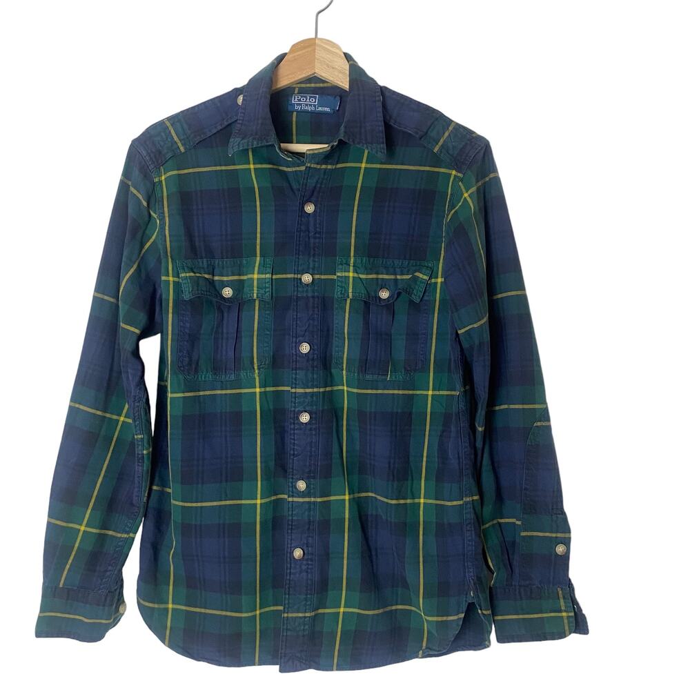 Ralph Lauren Men's Navy Green Plaid Pockets Workshirt Size S